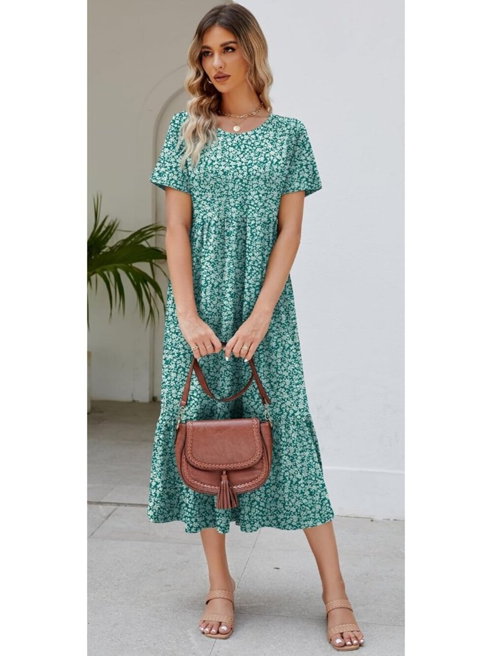 Women's Print Zink Sundress Short Sleeve Tiered Beach with Pockets Maxi Dress - Picture 3 of 5